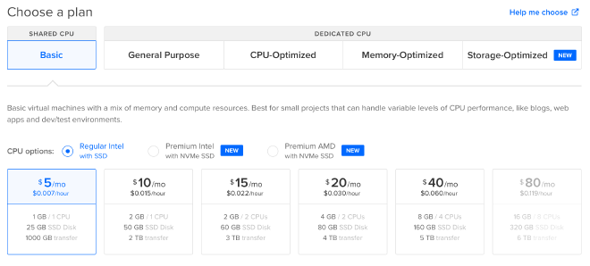 DigitalOcean machine options