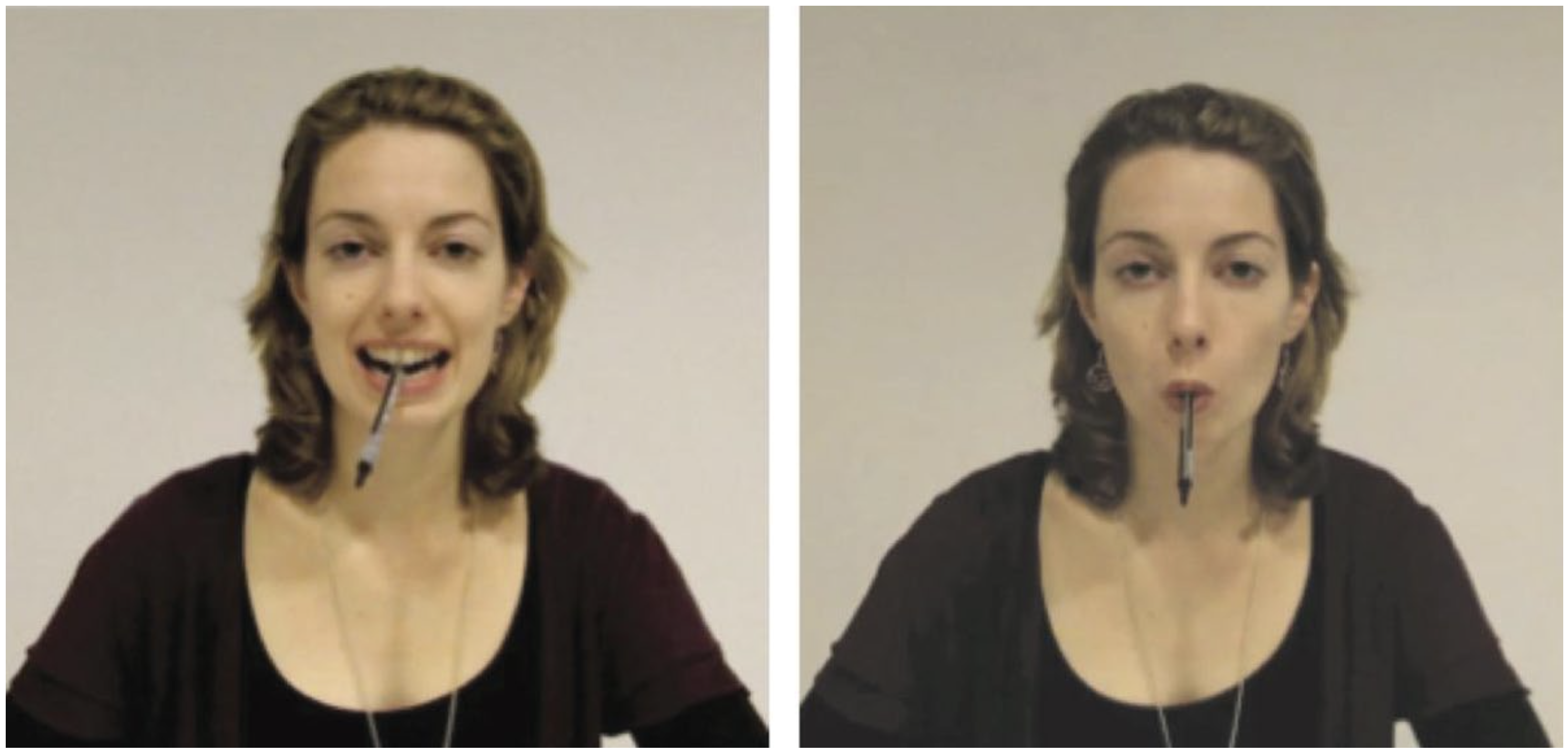 Demonstration of holding the pencil to force a smile (left) or frown (right) [@Wagenmakers2016-bj].